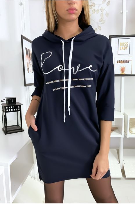 Sweat à capuche marine avec écriture love et strass - 3