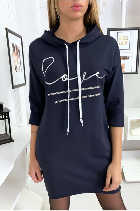 Sweat à capuche marine avec écriture love et strass - 1