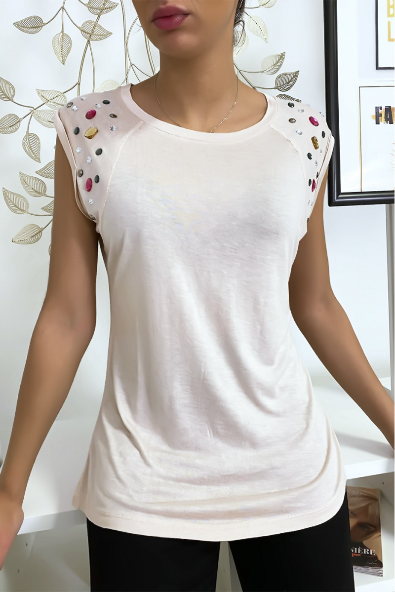 Beige t-shirt with rhinestones on the shoulders - 3