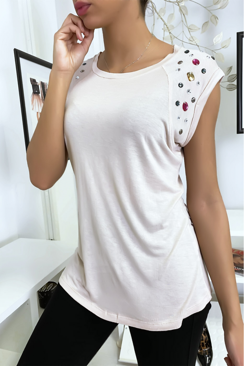 Beige t-shirt with rhinestones on the shoulders - 2
