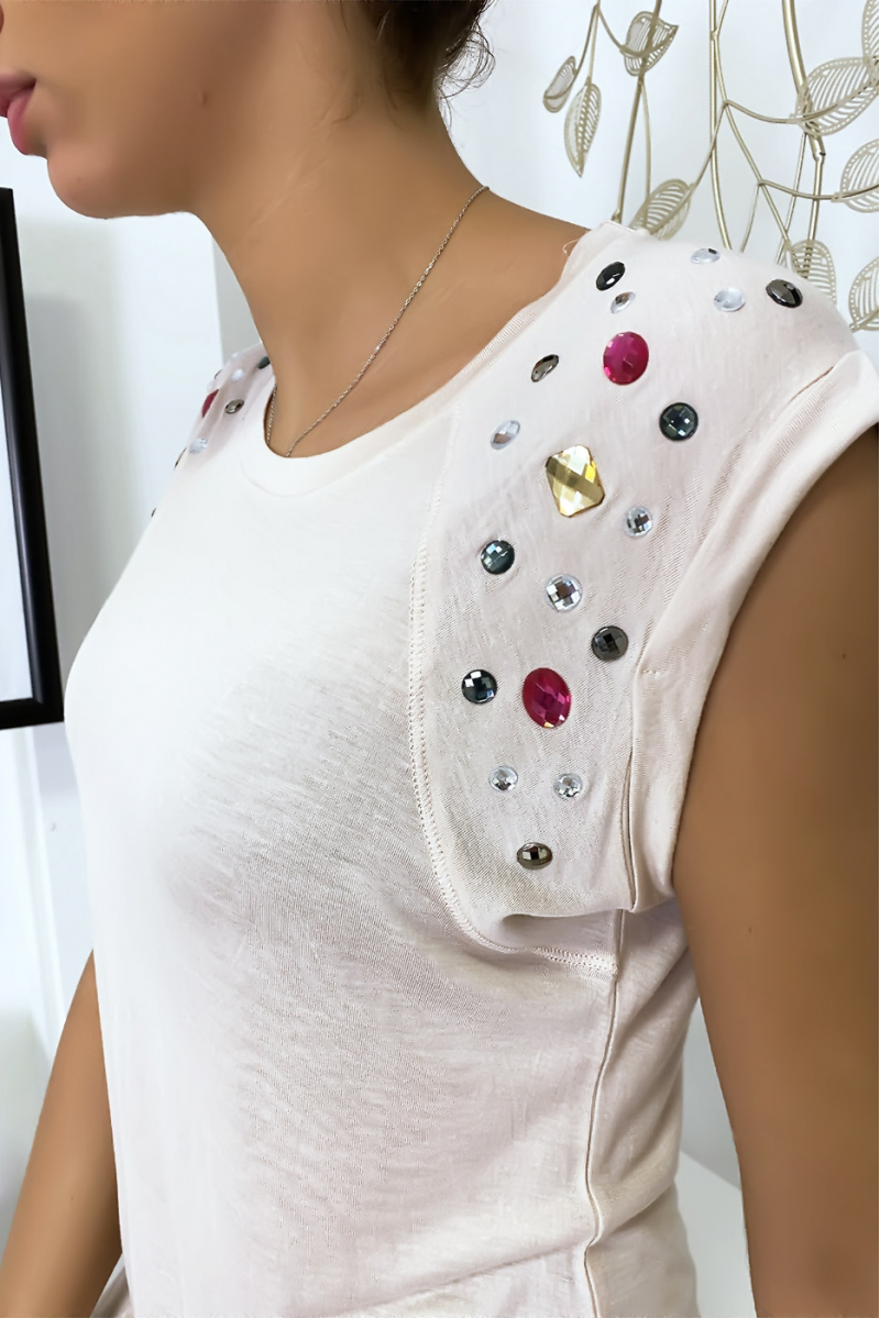 Beige t-shirt with rhinestones on the shoulders - 5