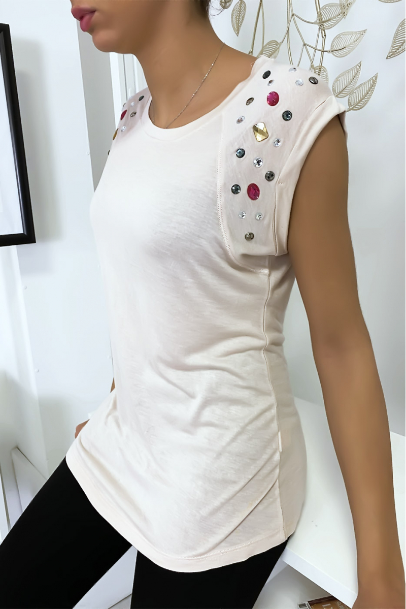Beige t-shirt with rhinestones on the shoulders - 4