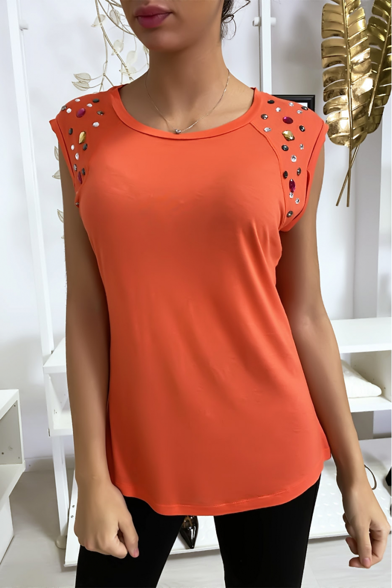 Coral t-shirt with rhinestones on the shoulders - 1