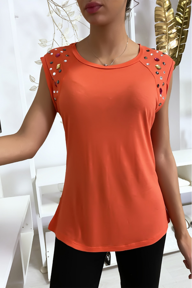 Coral t-shirt with rhinestones on the shoulders - 2