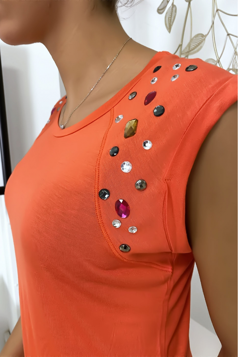 Coral t-shirt with rhinestones on the shoulders - 4