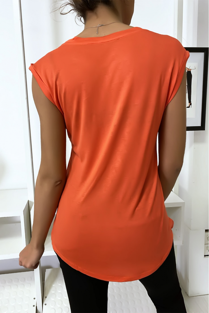 Coral t-shirt with rhinestones on the shoulders - 5