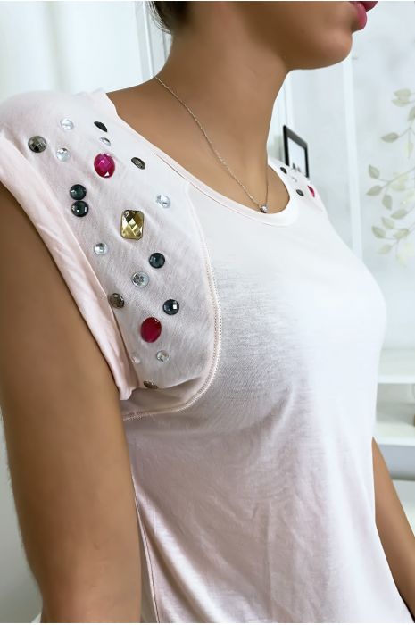 Roze t-shirt met strass steentjes op de schouders - 4