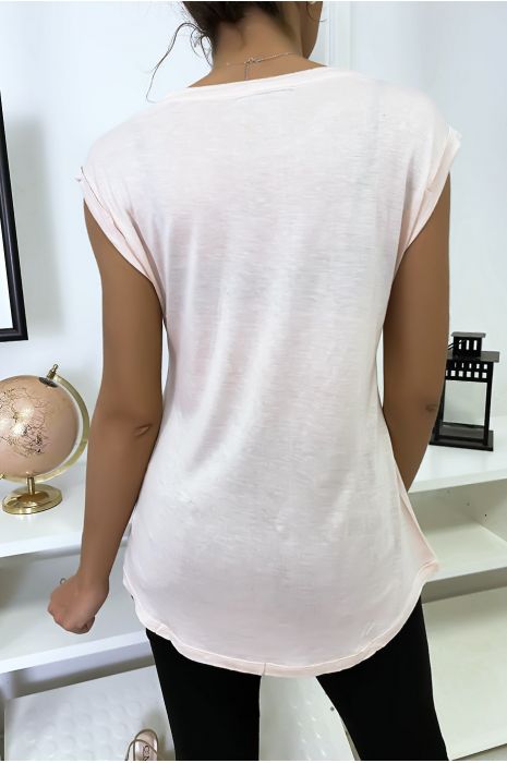 Pink t-shirt with rhinestones on the shoulders - 5