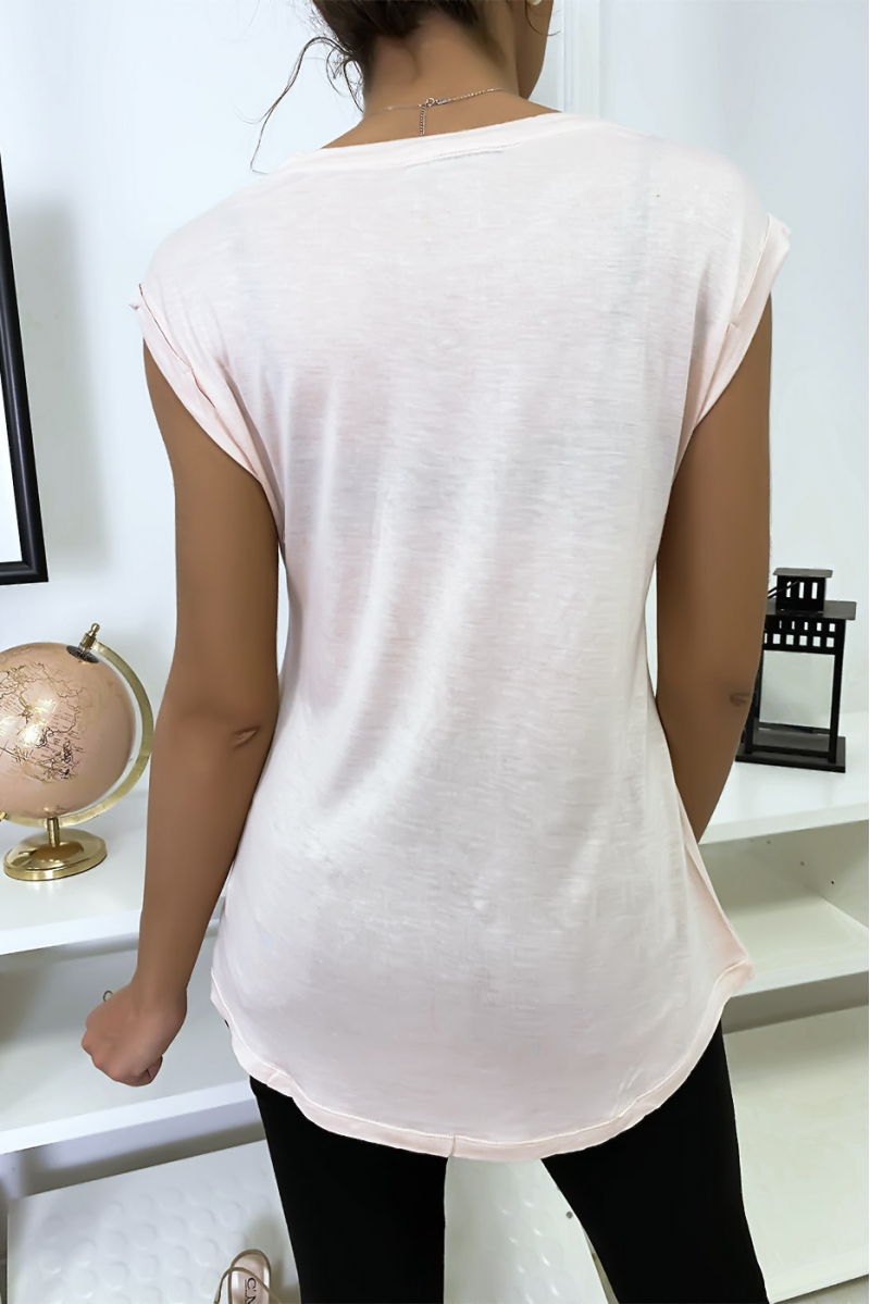 Pink t-shirt with rhinestones on the shoulders - 5