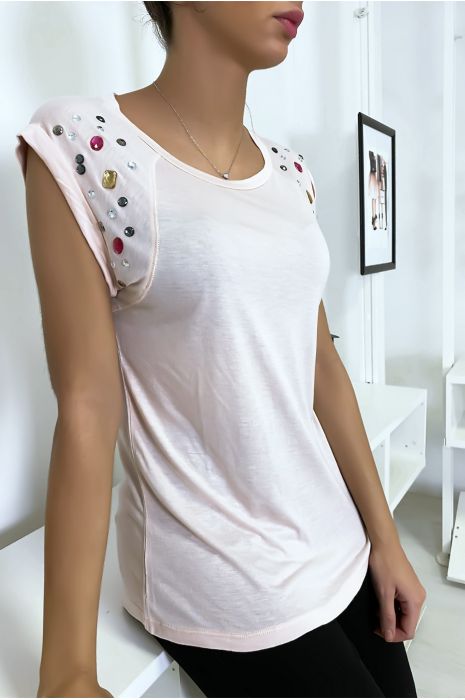 Pink t-shirt with rhinestones on the shoulders - 3