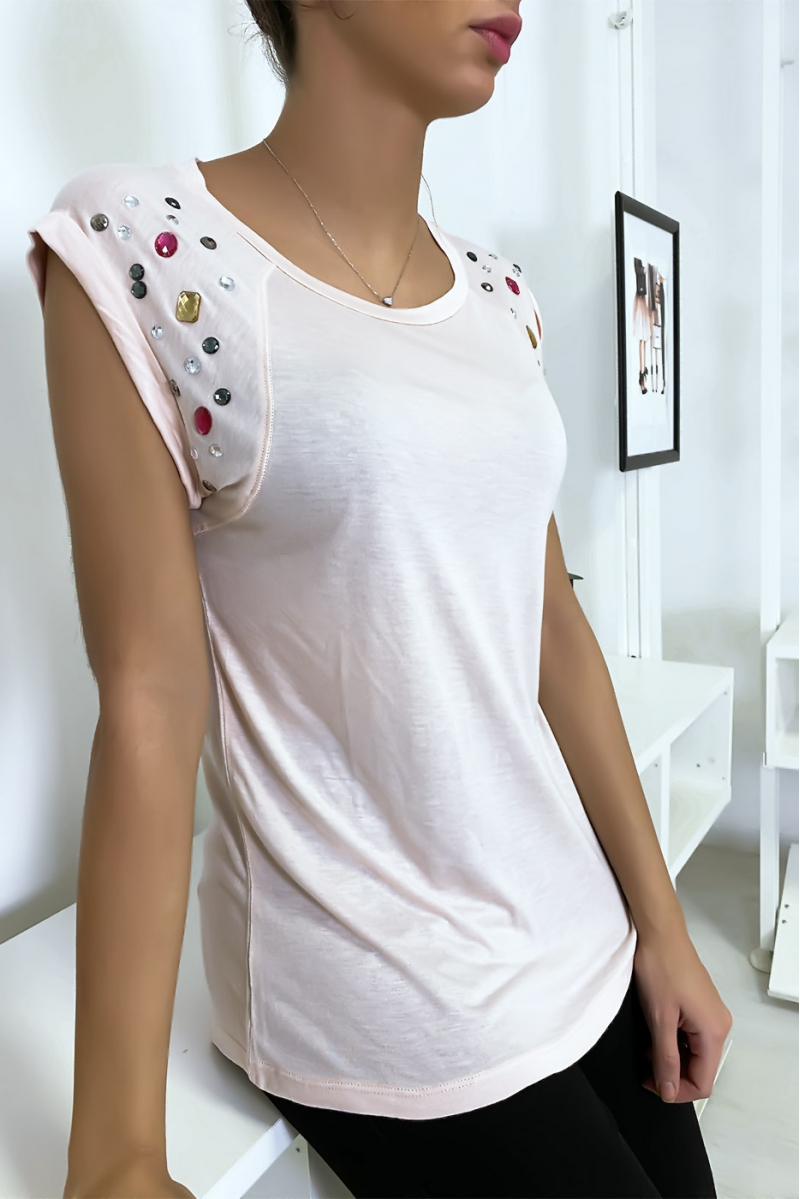 Pink t-shirt with rhinestones on the shoulders - 3