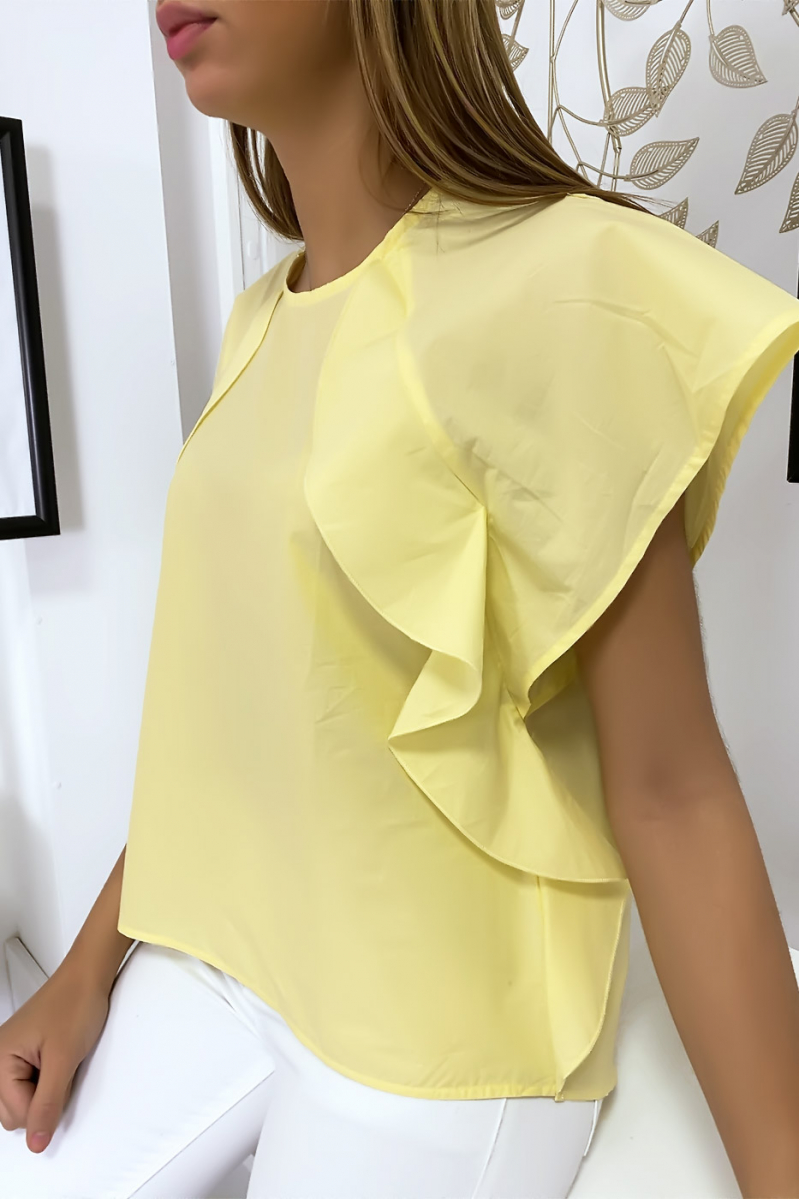 Gele blouse met ruche en drie knoopjes op de schouders - 3