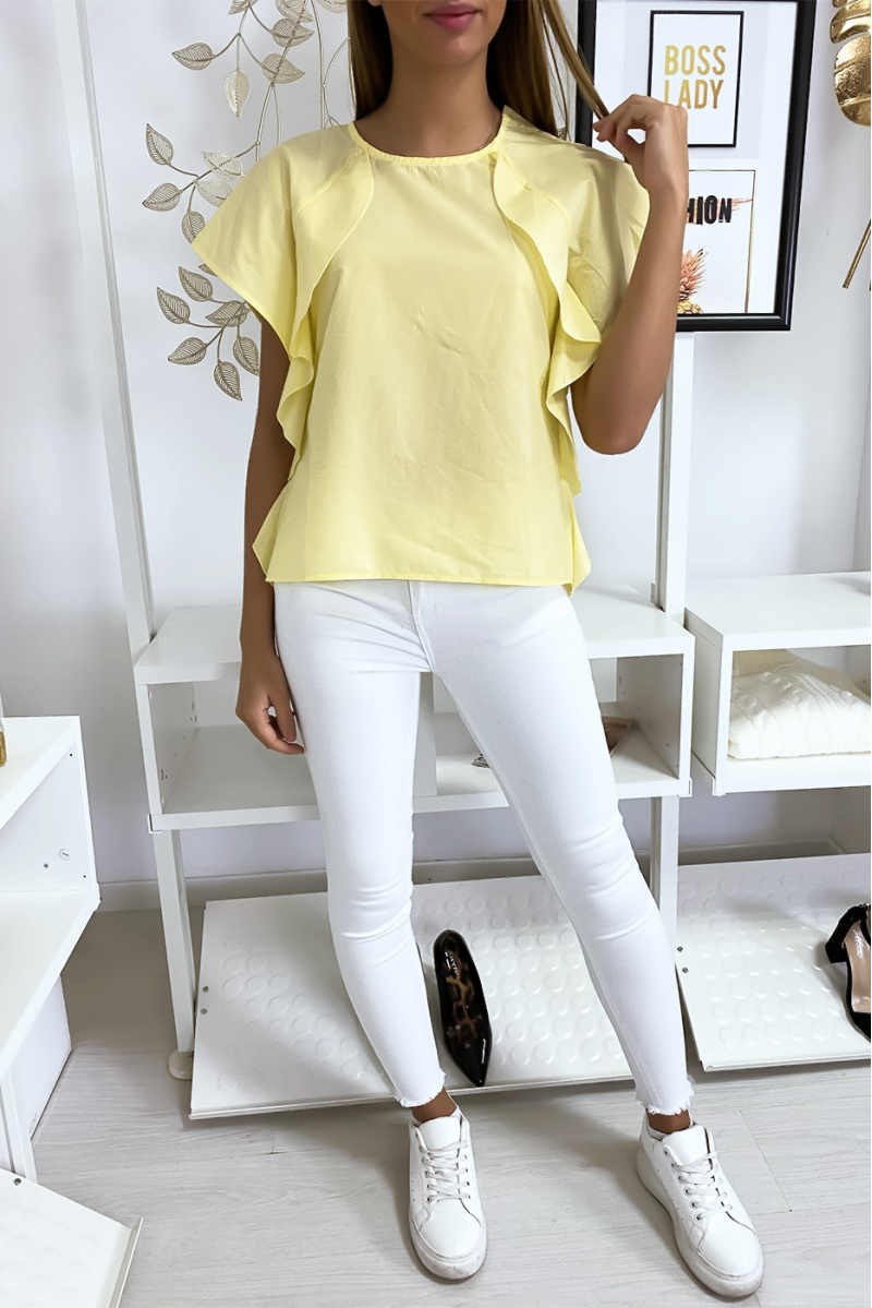 Gele blouse met ruche en drie knoopjes op de schouders - 5