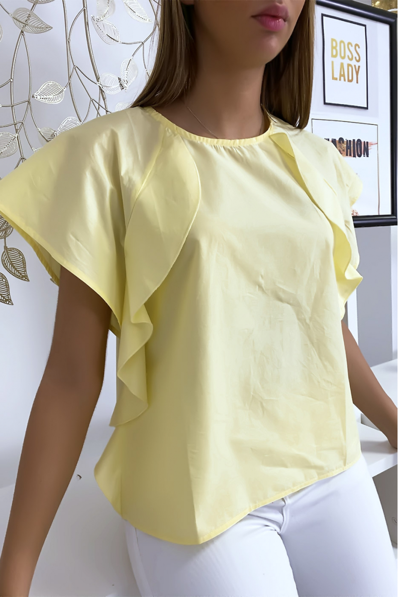 Gele blouse met ruche en drie knoopjes op de schouders - 2