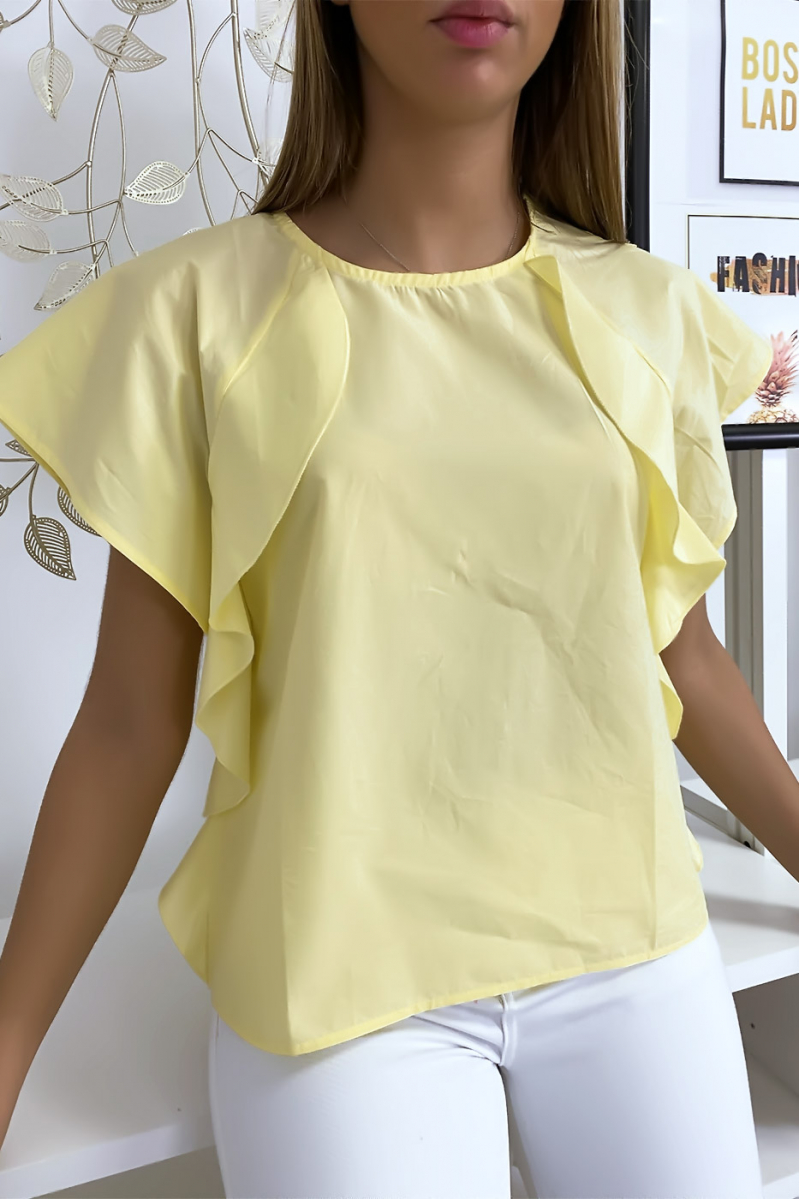 Gele blouse met ruche en drie knoopjes op de schouders - 1