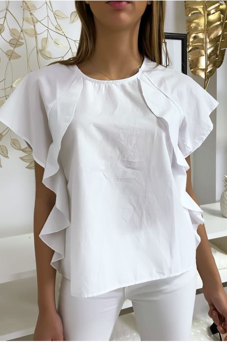 White blouse with ruffle and three buttons on the shoulders - 3