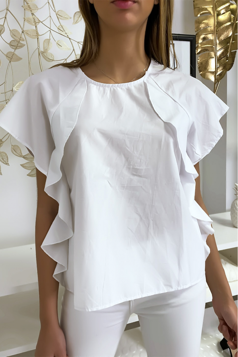Witte blouse met ruche en drie knoopjes op de schouders - 3