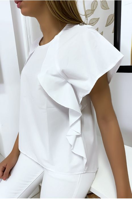 White blouse with ruffle and three buttons on the shoulders - 2