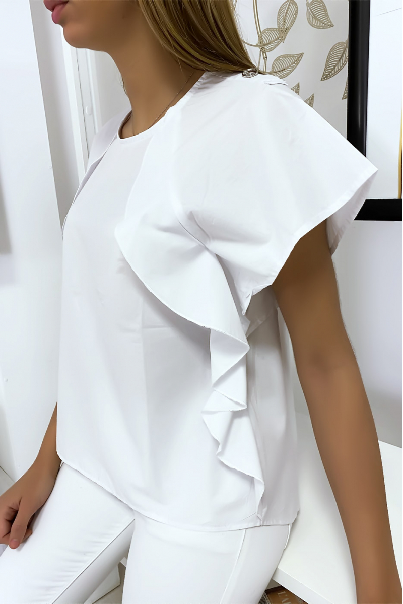 White blouse with ruffle and three buttons on the shoulders - 2