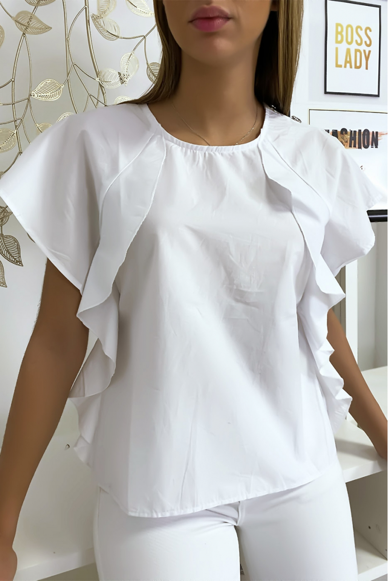 White blouse with ruffle and three buttons on the shoulders - 1