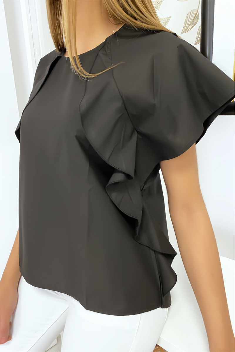 Black blouse with ruffle and three buttons on the shoulders - 3