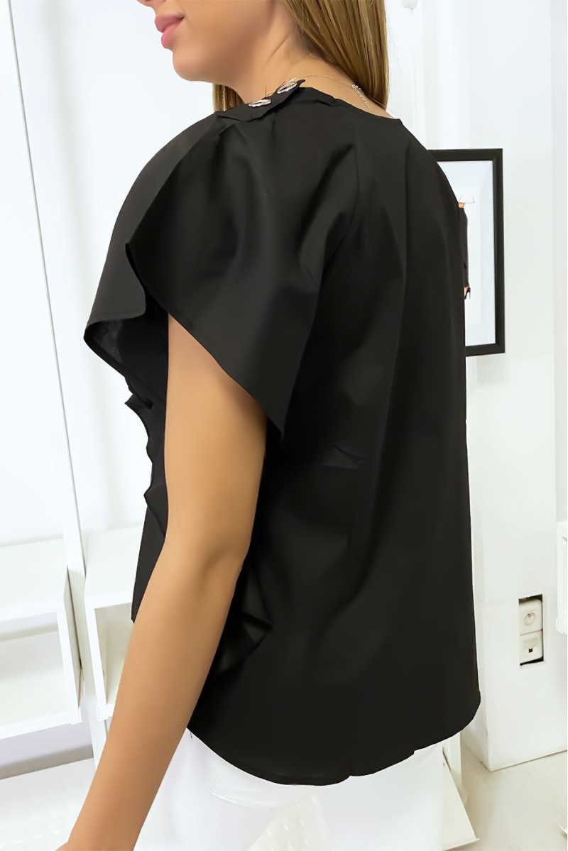 Black blouse with ruffle and three buttons on the shoulders - 5
