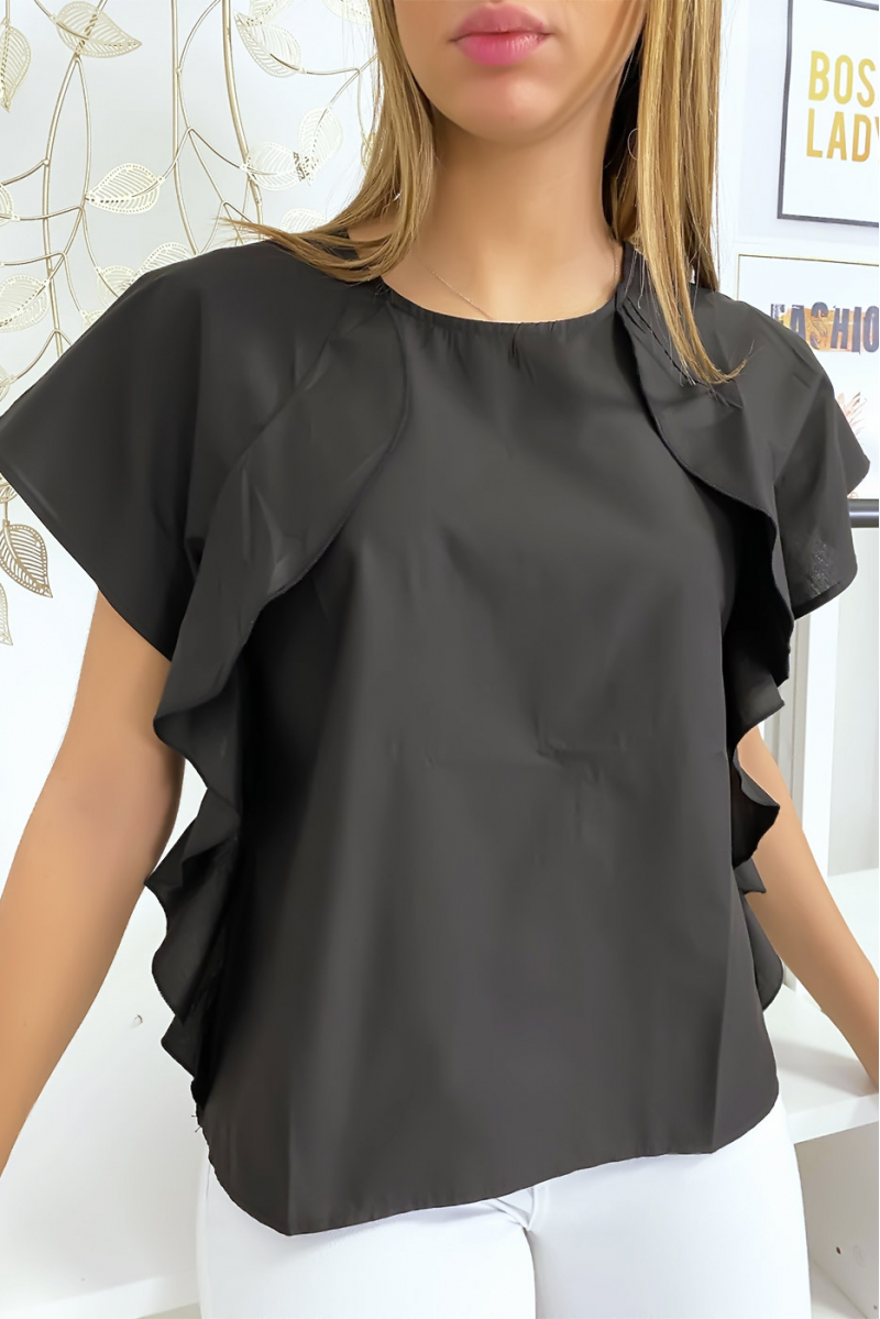 Black blouse with ruffle and three buttons on the shoulders - 2