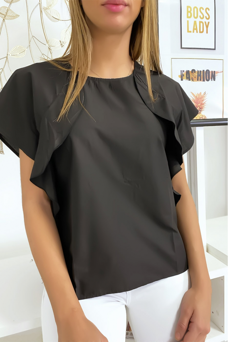 Black blouse with ruffle and three buttons on the shoulders - 4