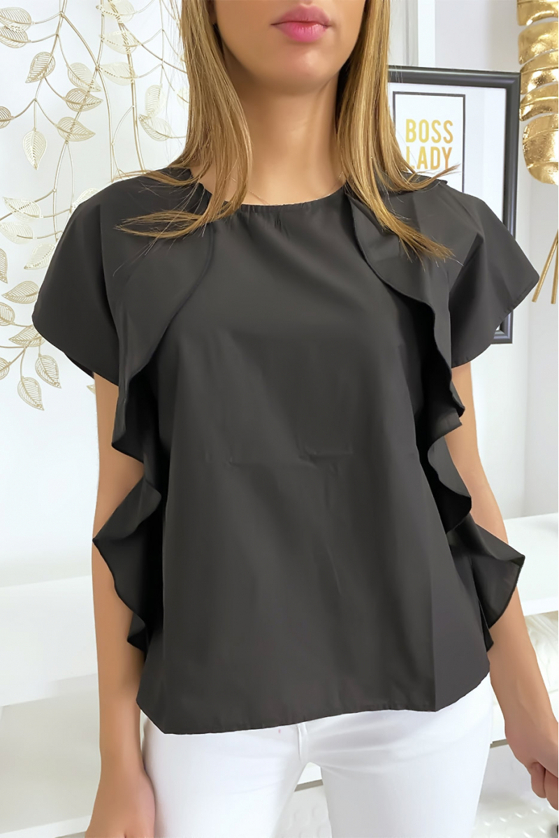 Black blouse with ruffle and three buttons on the shoulders - 1