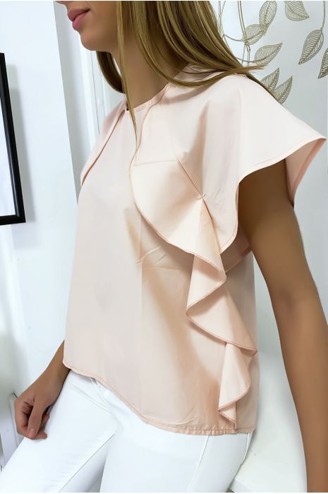 Roze blouse met ruche en drie knoopjes op de schouders - 3