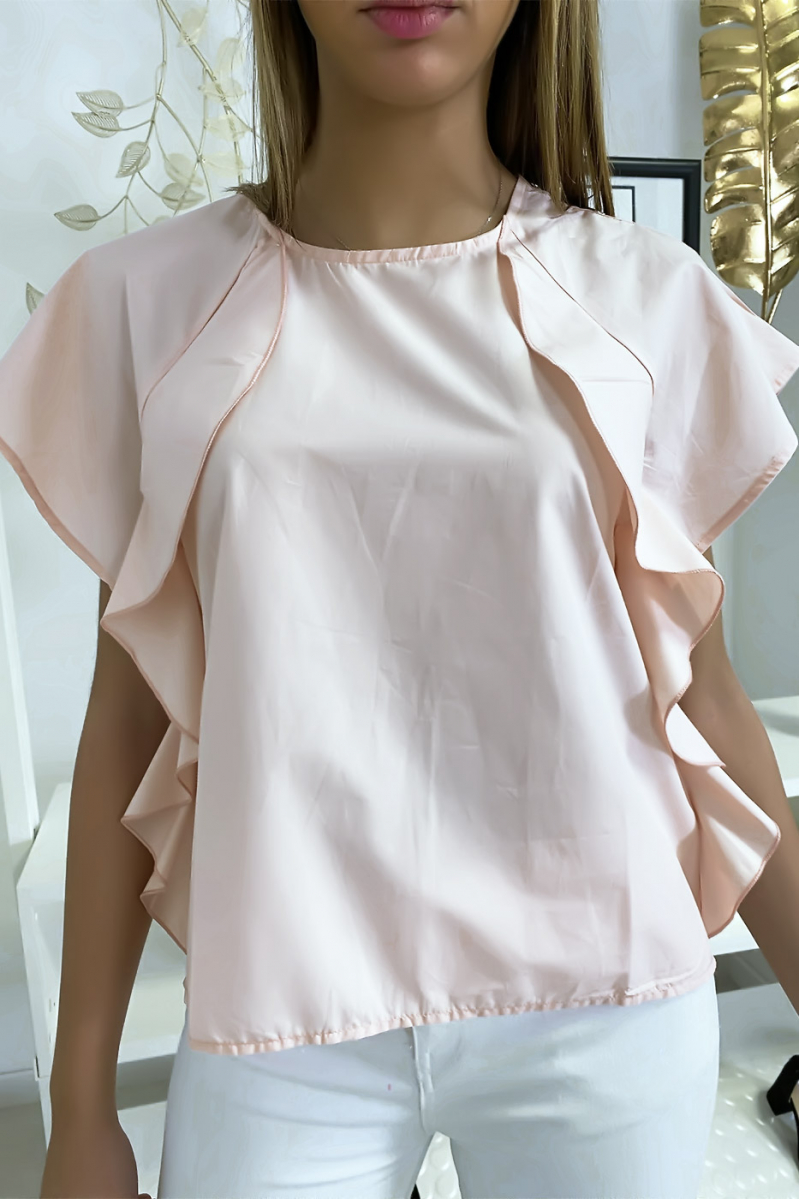 Pink blouse with ruffle and three buttons on the shoulders - 1