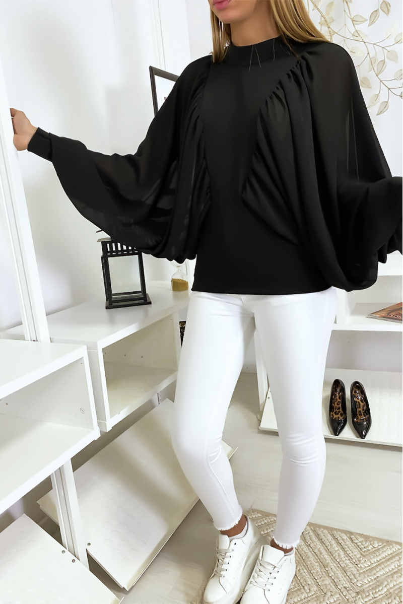 Black two-material blouse with wide crepe sleeves - 1
