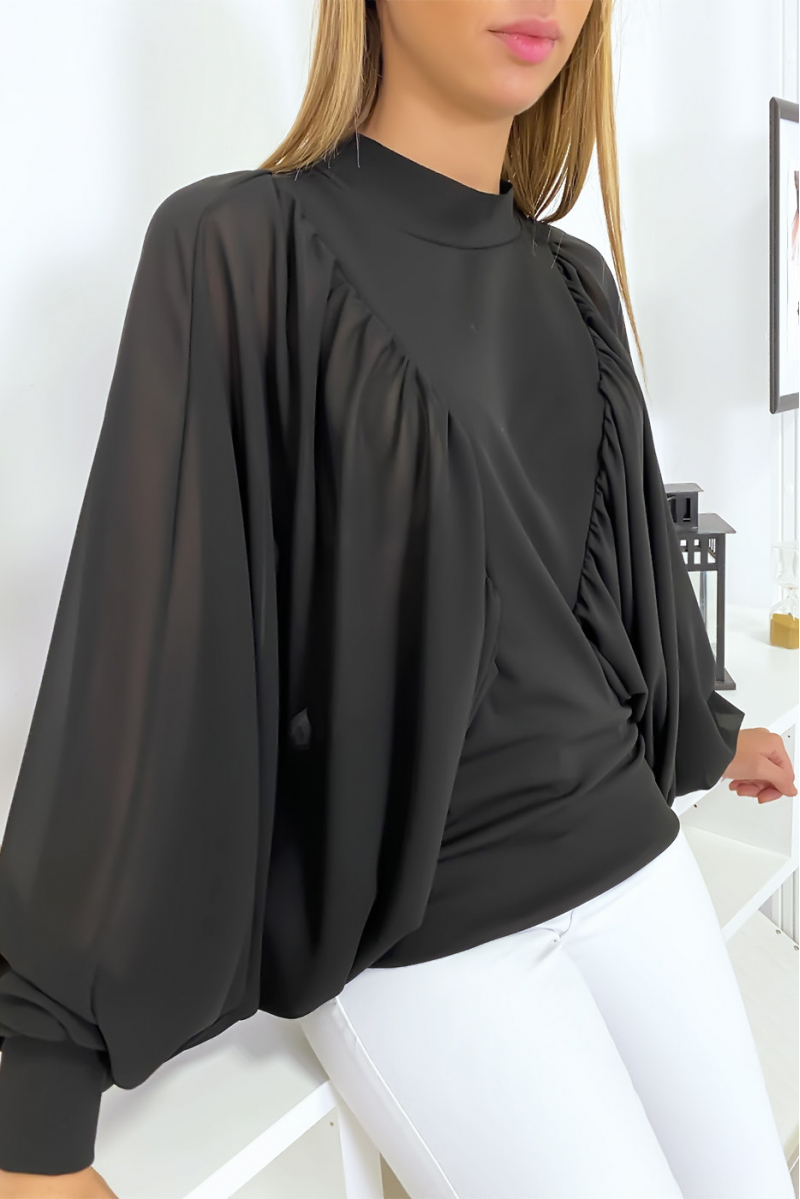 Black two-material blouse with wide crepe sleeves - 5