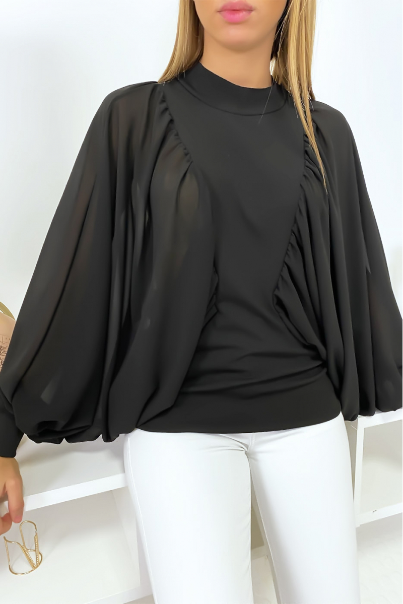 Black two-material blouse with wide crepe sleeves - 4