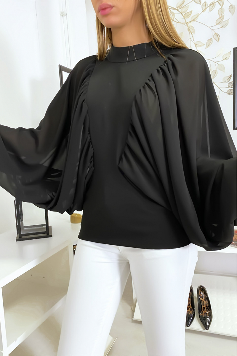 Black two-material blouse with wide crepe sleeves - 2