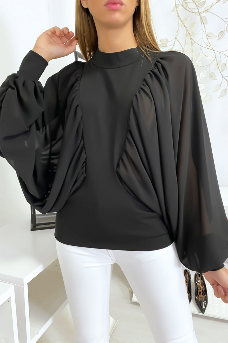 Black two-material blouse with wide crepe sleeves - 3