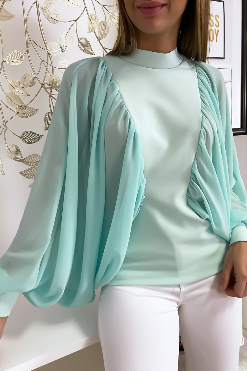 Turquoise blouse van twee materialen met wijde crêpe mouwen - 3