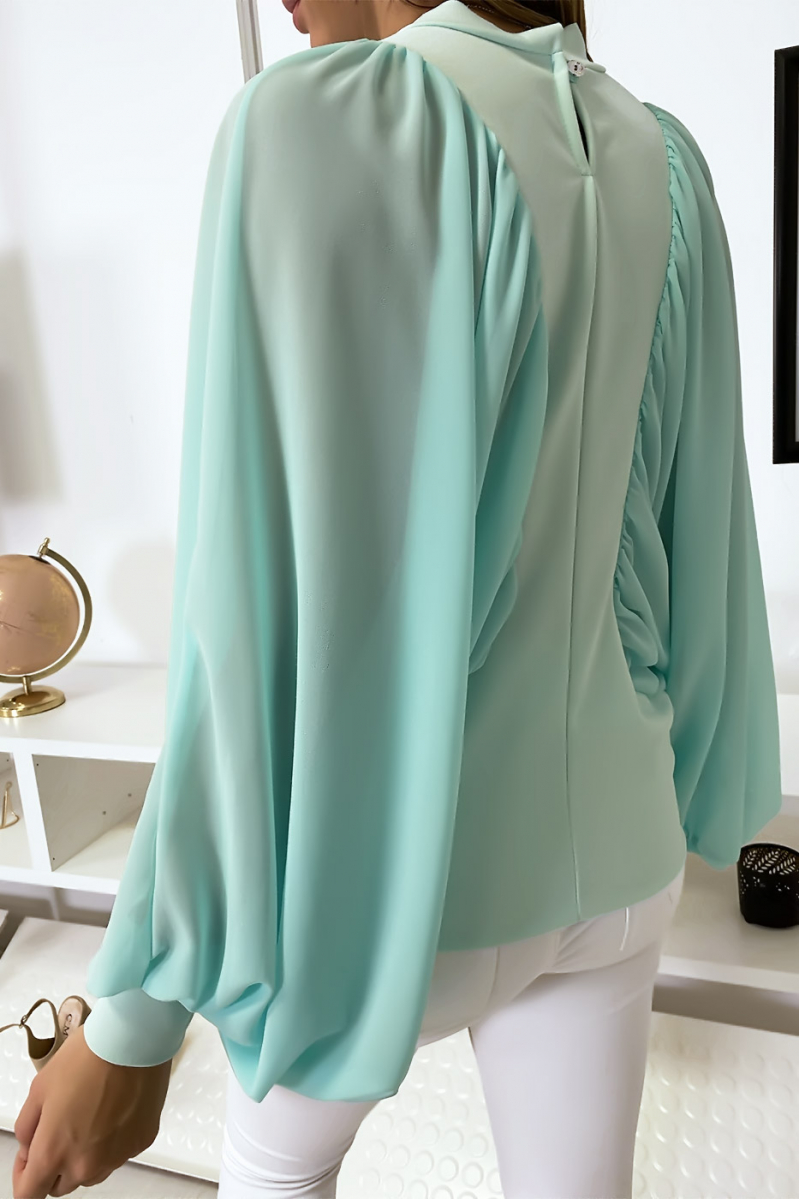 Turquoise blouse van twee materialen met wijde crêpe mouwen - 4