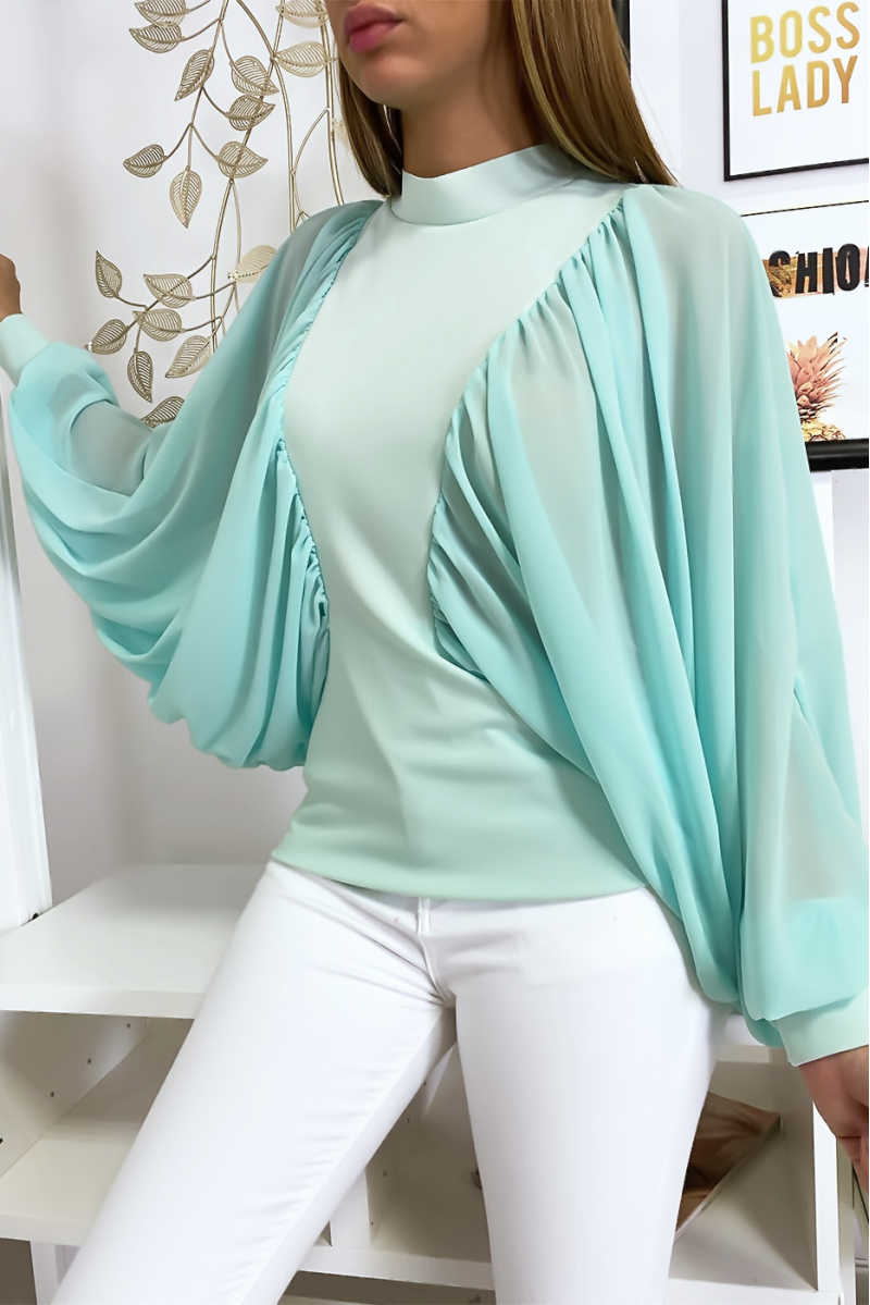 Turquoise blouse van twee materialen met wijde crêpe mouwen - 2