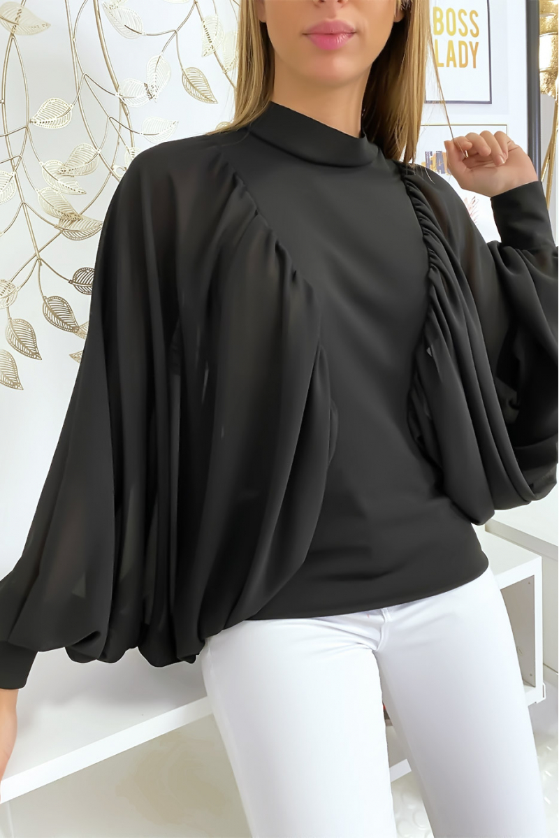 Black two-material blouse with wide crepe sleeves - 10