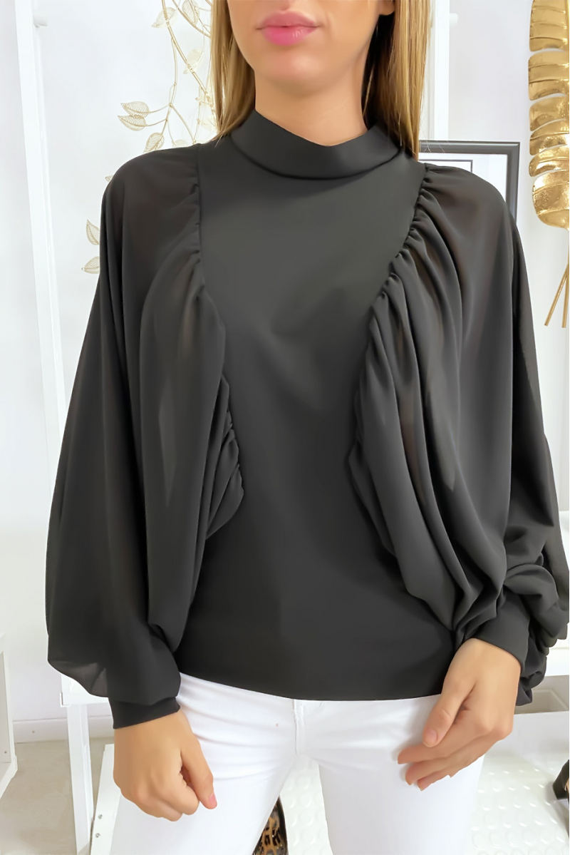 Black two-material blouse with wide crepe sleeves - 7