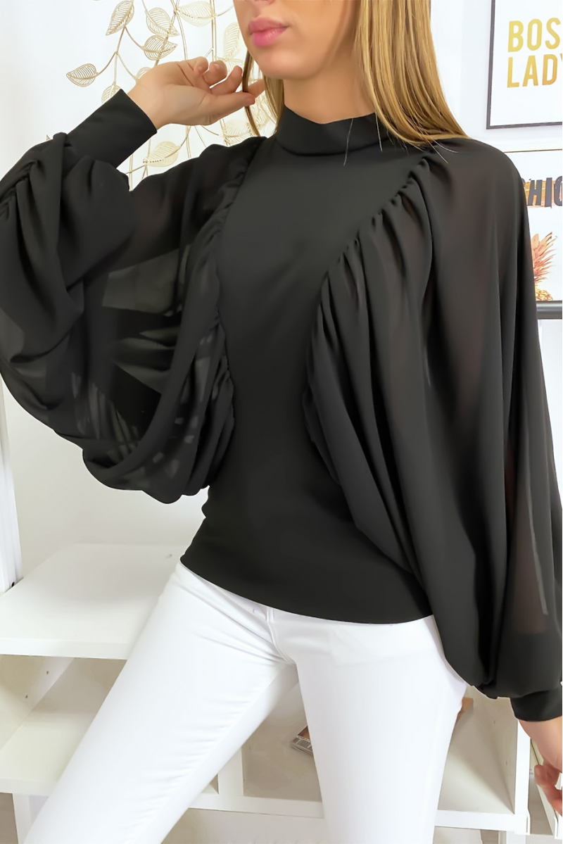 Black two-material blouse with wide crepe sleeves - 8