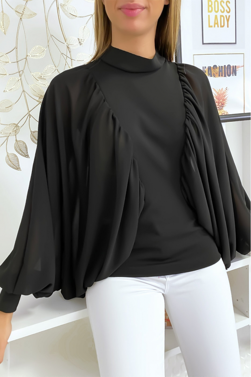 Black two-material blouse with wide crepe sleeves - 9