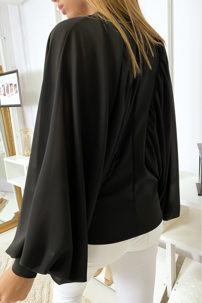 Black two-material blouse with wide crepe sleeves - 11