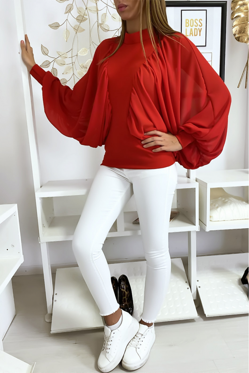 Red dual-material blouse with ample crepe sleeves - 3