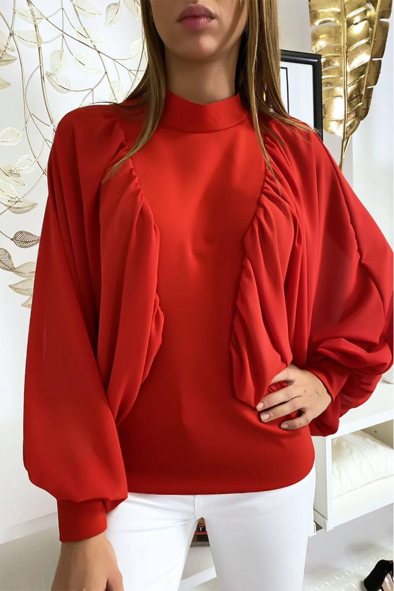 Red dual-material blouse with ample crepe sleeves - 2