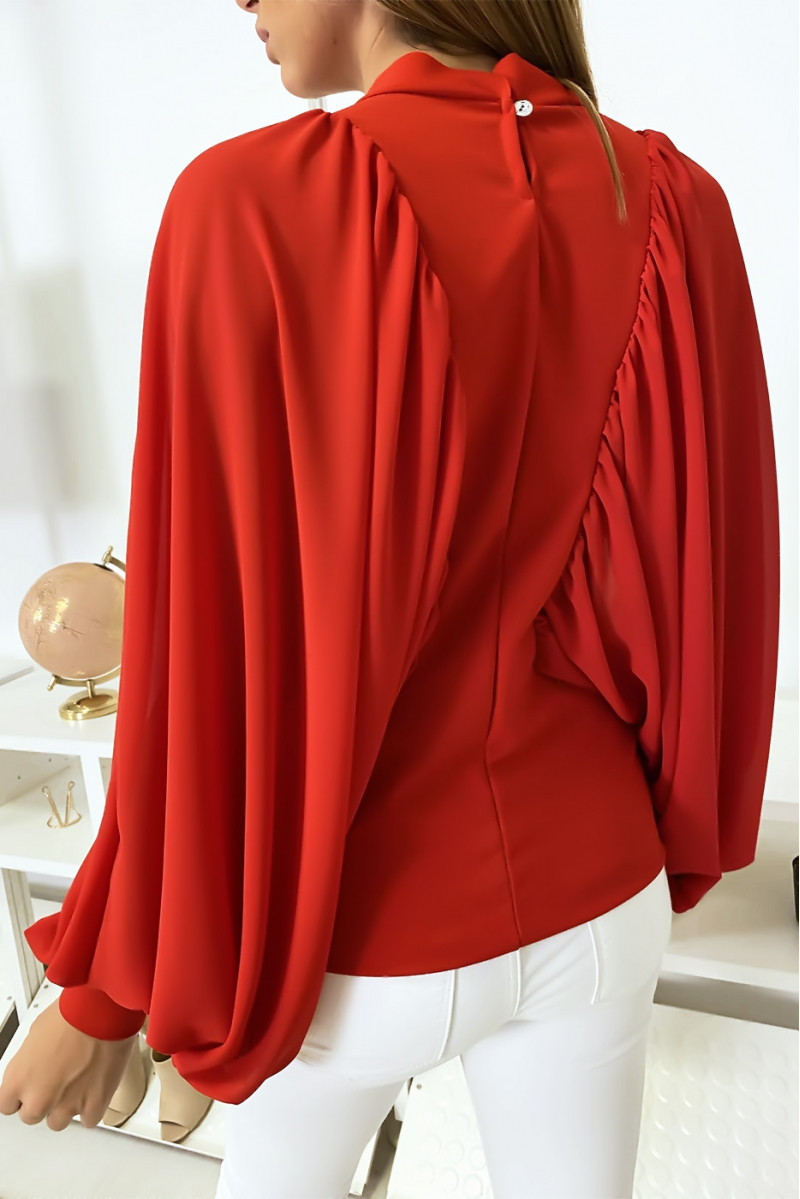 Red dual-material blouse with ample crepe sleeves - 5