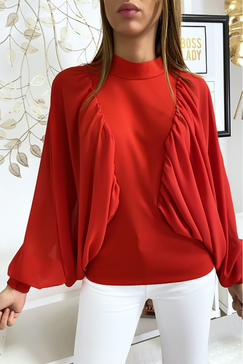 Red dual-material blouse with ample crepe sleeves - 1