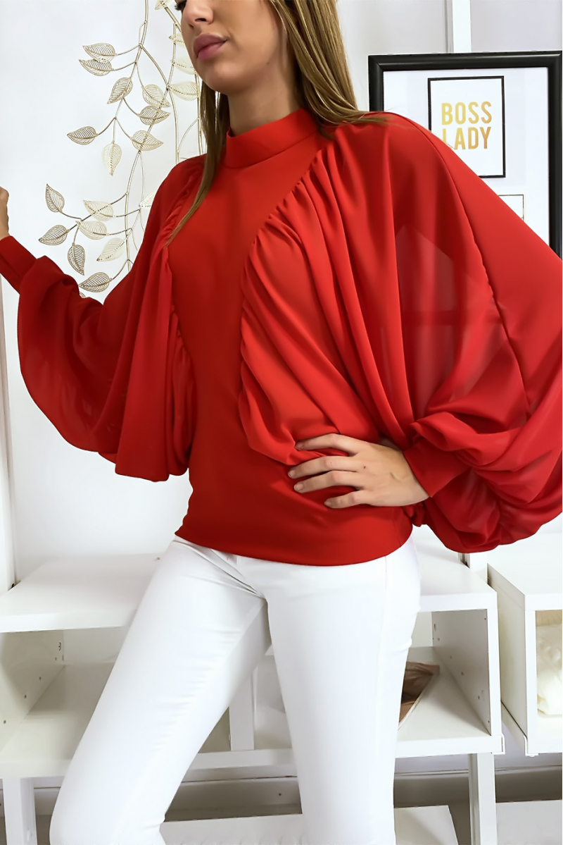 Red dual-material blouse with ample crepe sleeves - 4