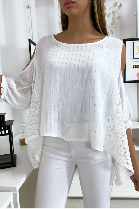 Blouse blanche épaules dénudé avec dentelle et fil argenté - 2
